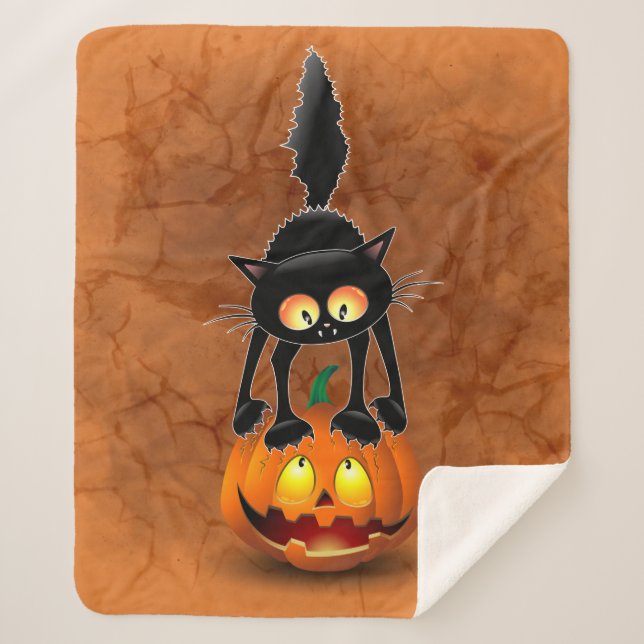 Cobertor Sherpa Gato Halloween Caricatura Assustada na Pumpkin (Frente)