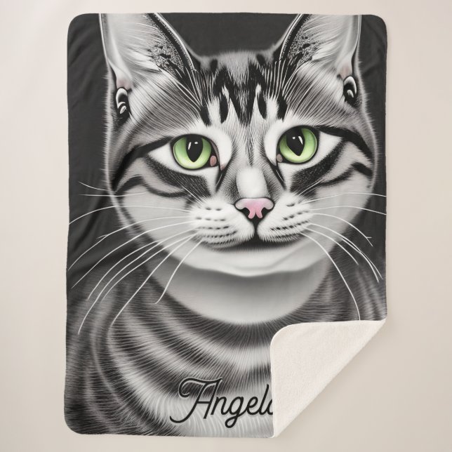 Cobertor Sherpa Gato monocromático branco e preto-e-olhos verdes (Frente)