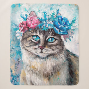 Cobertor Sherpa Gato na pintura de óleo de coroa floral na canvas.
