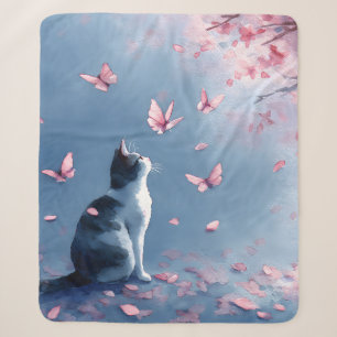 Cobertor Sherpa Gato Neblina Azul com Flores Rosadas e Pontos Estr