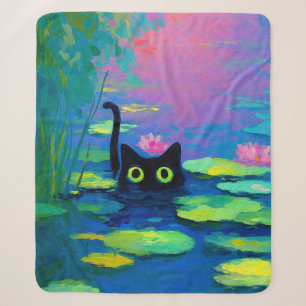 Cobertor Sherpa Gato Negro Engraçado Nadando Pond Quirky Art
