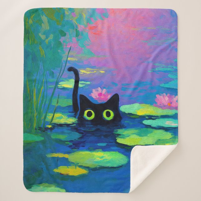 Cobertor Sherpa Gato Negro Engraçado Nadando Pond | Quirky Art (Frente)