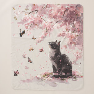 Cobertor Sherpa Gato Preto Fofo e Borboleta Sob Sakura Rosa