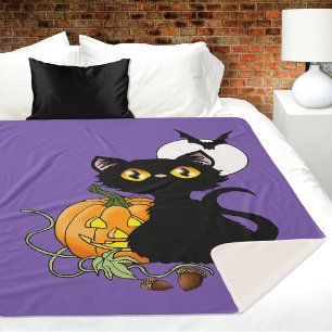 Cobertor Sherpa Gato Preto Fofo Roxo Assustador Abóbora de Hallowe