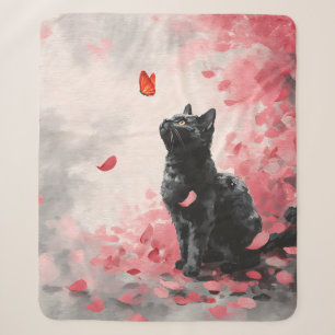 Cobertor Sherpa Gato Preto Gótico com Borboleta Carmesim e Sakura