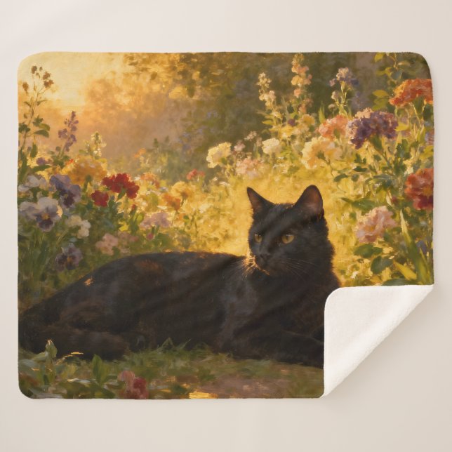 Cobertor Sherpa Gato Preto nas Flores I (Frente (Horizontal))