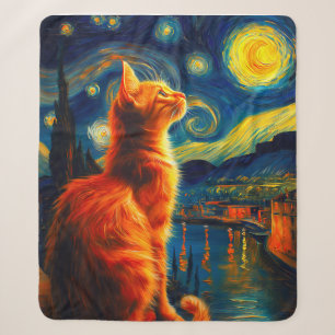 Cobertor Sherpa Gato Ruivo Contemplativo   Céu Noturno Estrelado