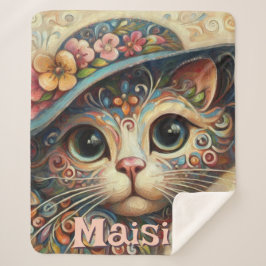 Cobertor Sherpa Gato Whimsical com chapéu Floral Personalizado