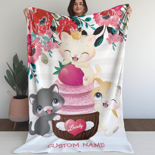 Cobertor Sherpa Gatos de Desenho Animado Floral Caprichoso Cupcake