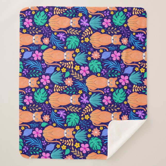 Cobertor Sherpa Gatos e flores tropicais: padrão escuro (Frente)
