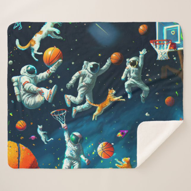 Cobertor Sherpa Gatos Jogando Basquete no Espaço com Astronautas (Frente (Horizontal))