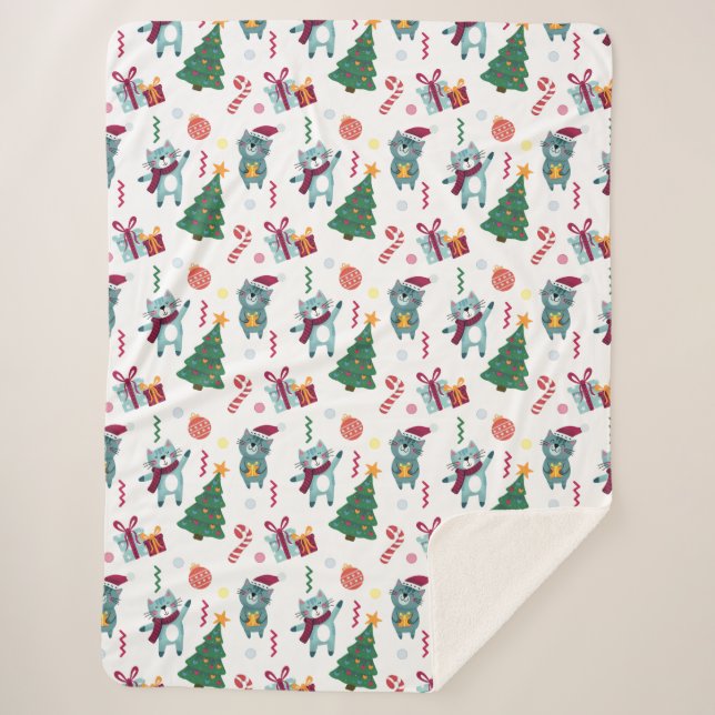 Cobertor Sherpa Gatos No Padrão Whimsical De Natal (Frente)