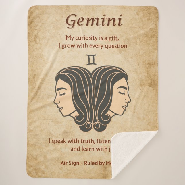 Cobertor Sherpa Gemini Zodiac Design w/ Curious Mind Affirmations (Frente)