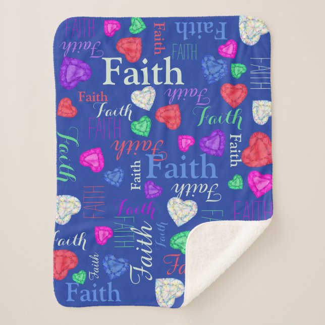 Cobertor Sherpa Gemstones corações nome personalizado Fé azul colo (Frente)