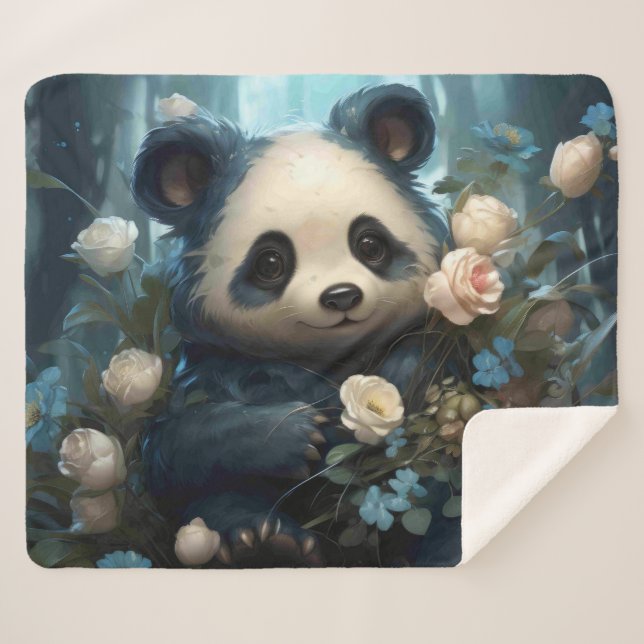 Cobertor Sherpa Gentil Urso Panda Entre Rosas Selvagens (Frente (Horizontal))