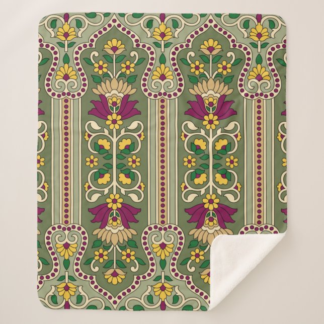 Cobertor Sherpa Geometric Mughal Paisley pattern on green backgrou (Frente)