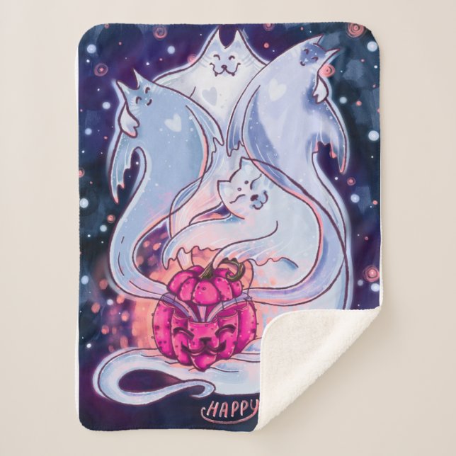 Cobertor Sherpa Ghost Cats Pumpkin Blanket (Frente)