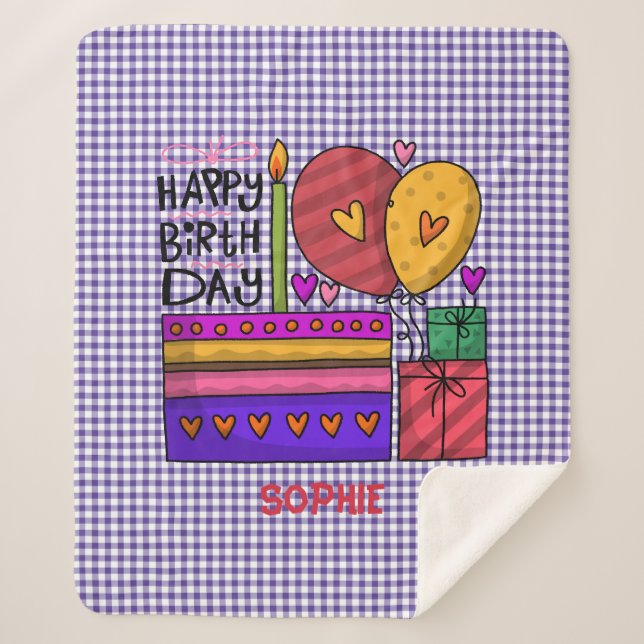Cobertor Sherpa Gingham Purple & Red Birthday (Frente)