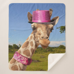 Cobertor Sherpa Girafa de chapéu cor-de-rosa brilhante