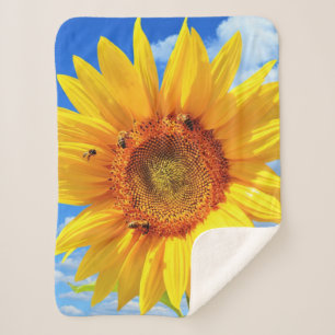 Cobertor Sherpa Girassol Amarelo e Abelhas no Céu Azul - Dia do V
