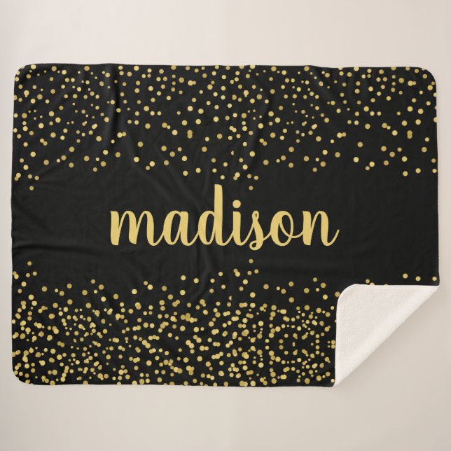 Cobertor Sherpa Glitter Dourado Confetti | Seu nome em preto (Frente (Horizontal))