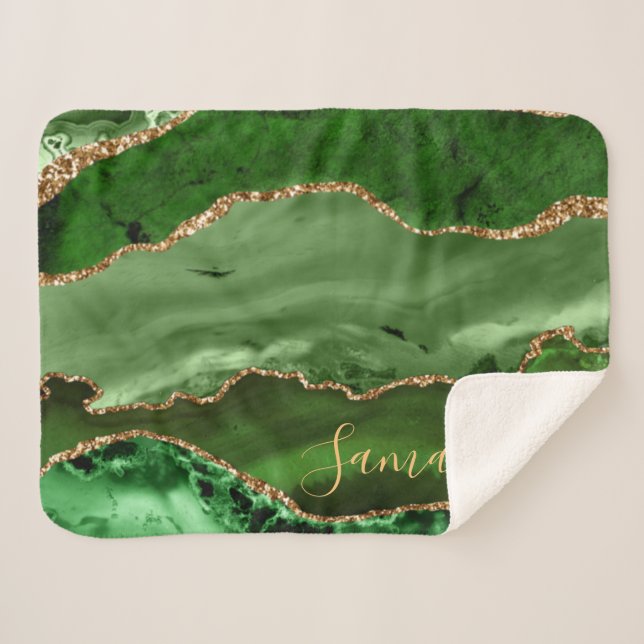 Cobertor Sherpa Glitter Marble Agate verde e falso Dourado (Frente (Horizontal))