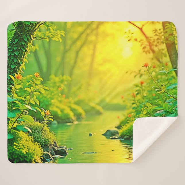 Cobertor Sherpa Golden Forest Stream Peaceful Art (Frente (Horizontal))