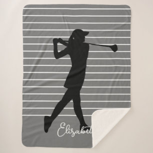 Cobertor Sherpa Golfer Silhouette Female Monograma Nome Cinza Negr