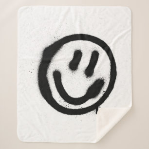 Cobertor Sherpa grafite sorrindo emoticon facial a preto no branco