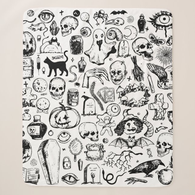 Cobertor Sherpa Grande coleção de rabiscos de halloween. Vinta des (Frente)