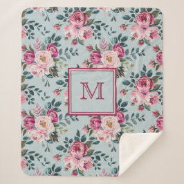 Cobertor Sherpa Grandmillennial Dusty Rose Floral Custon Monogram