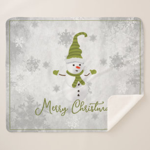 Cobertor Sherpa Green Cute Snowman Holiday Sherpa Blanket