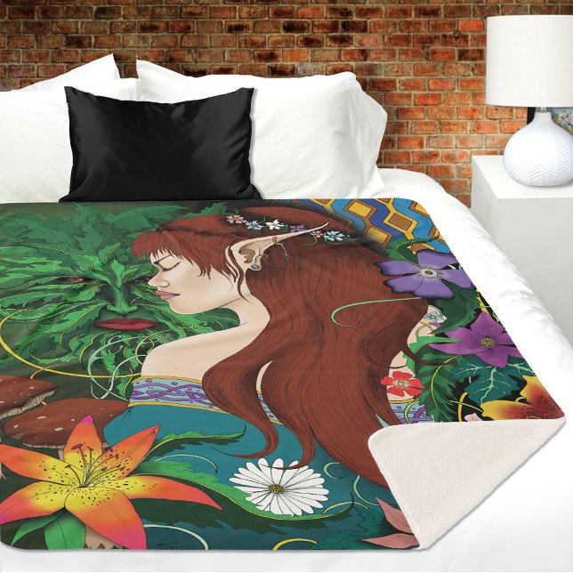 Cobertor Sherpa Green Man Elf Fantasy Floral (Criador carregado)