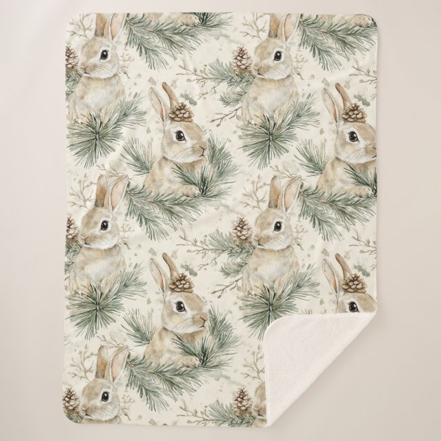 Cobertor Sherpa Green Pine Cones Bunny Rabbits Christmas (Frente)