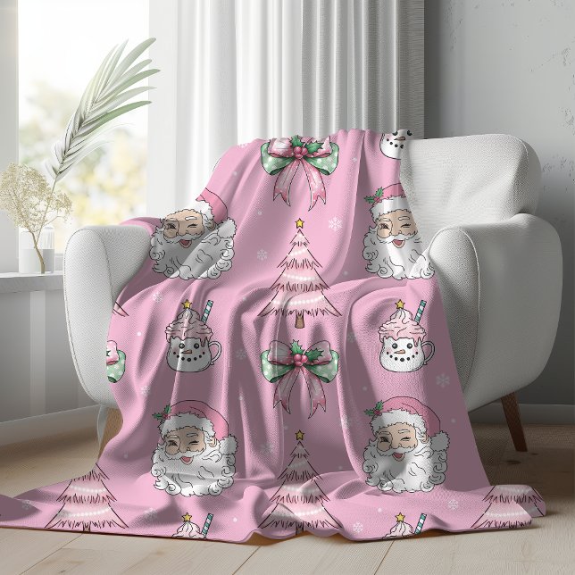 Cobertor Sherpa Groovy Retro Rosa Santa Claus Piscar os olhos Sher (Groovy Retro Pink Santa Claus Wink Sherpa Blanket, draped over white couch)