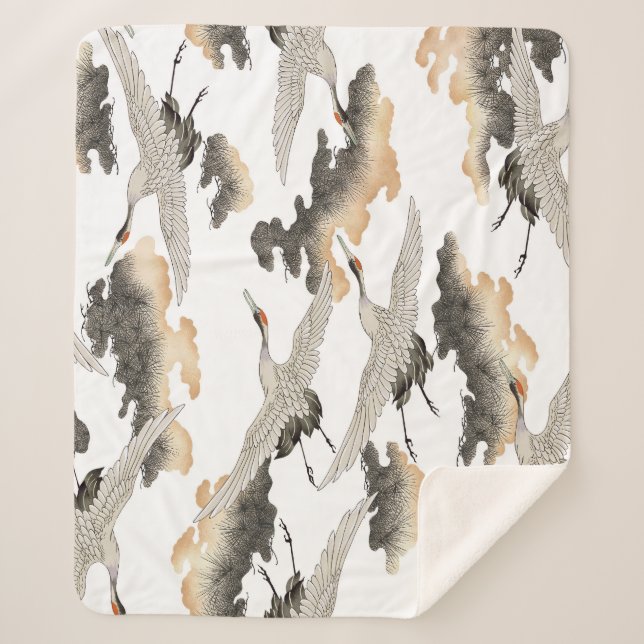 Cobertor Sherpa grua estilo japonês: elegante design. (Frente)