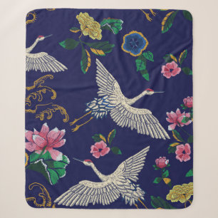 Cobertor Sherpa Gruas, ondas e flores japonesas. Embroiderme doent