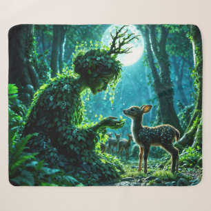 Cobertor Sherpa Guardiã encantada da natureza alimentando um cervo