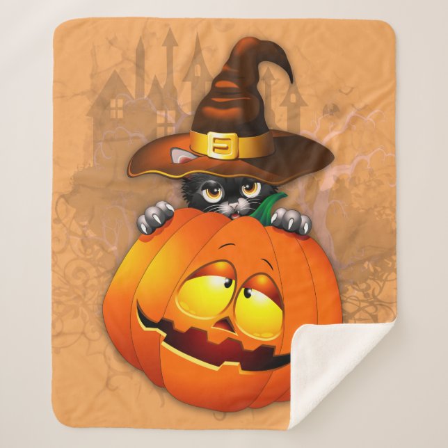 Cobertor Sherpa Halloween Cute Kitty Witch and Pumpkin Friend   (Frente)