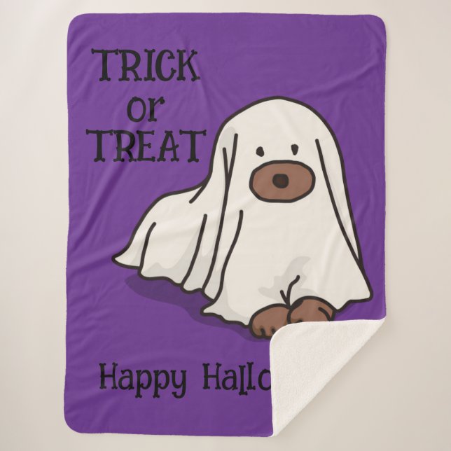 Cobertor Sherpa Halloween Whimsical Cute Ghost Dog Purple   (Frente)