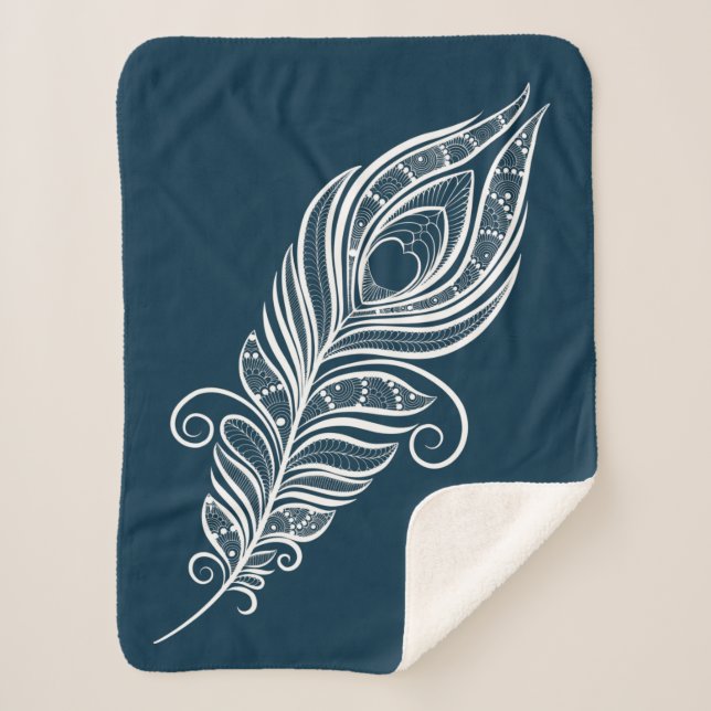 Cobertor Sherpa Handdrawn peacock feather in henna style (Frente)