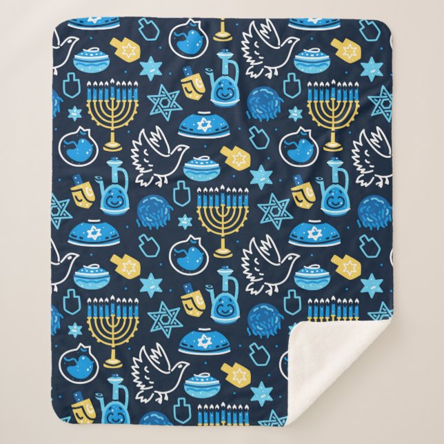 Cobertor Sherpa Hanukkah - Símbolos Padrão Azul (Frente)