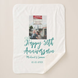 Cobertor Sherpa Happy 50th anniversary photo turquoise bow name da