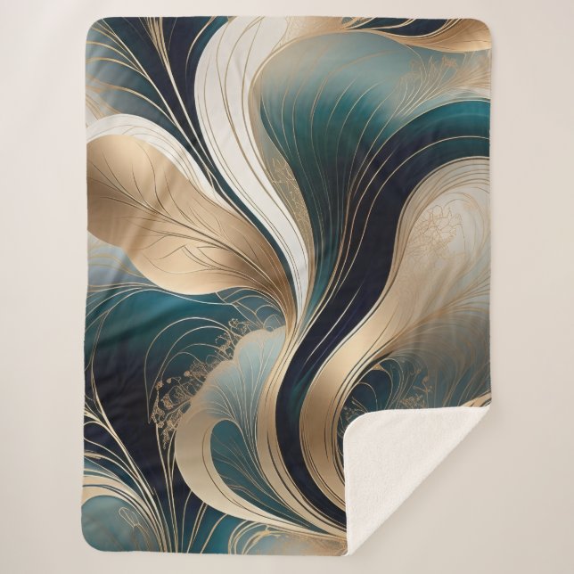 Cobertor Sherpa Harmonia Dourada - Abstrato em Turquesa e Dourado (Frente)