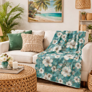 Cobertor Sherpa Hibisco Tropical Floral Azul Turquesa