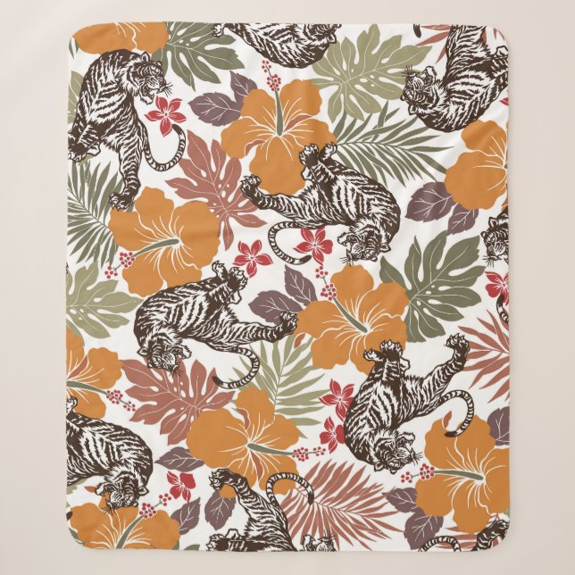 Cobertor Sherpa Hibiscus Tiger, Padrão Exótico. (Frente)