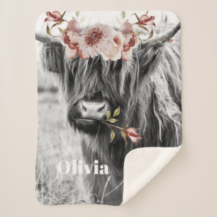 Cobertor Sherpa Highland Cow Floral   Nome das Crianças de Cowgirl