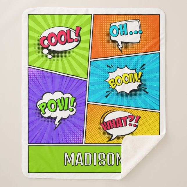 Cobertor Sherpa Histórias em quadrinhos de Nome Personalizado (Frente)