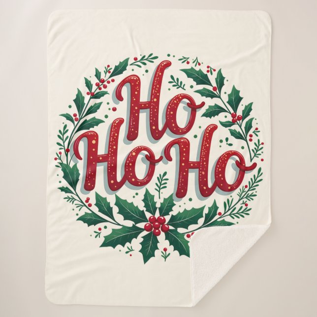 Cobertor Sherpa Ho Ho Ho Christmas Wreath Typography Design (Frente)