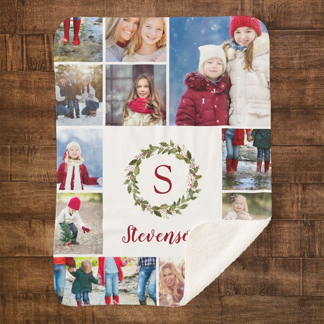 Cobertor Sherpa Holiday Greenery Wreath Family Monograma 12 Foto (Criador carregado)